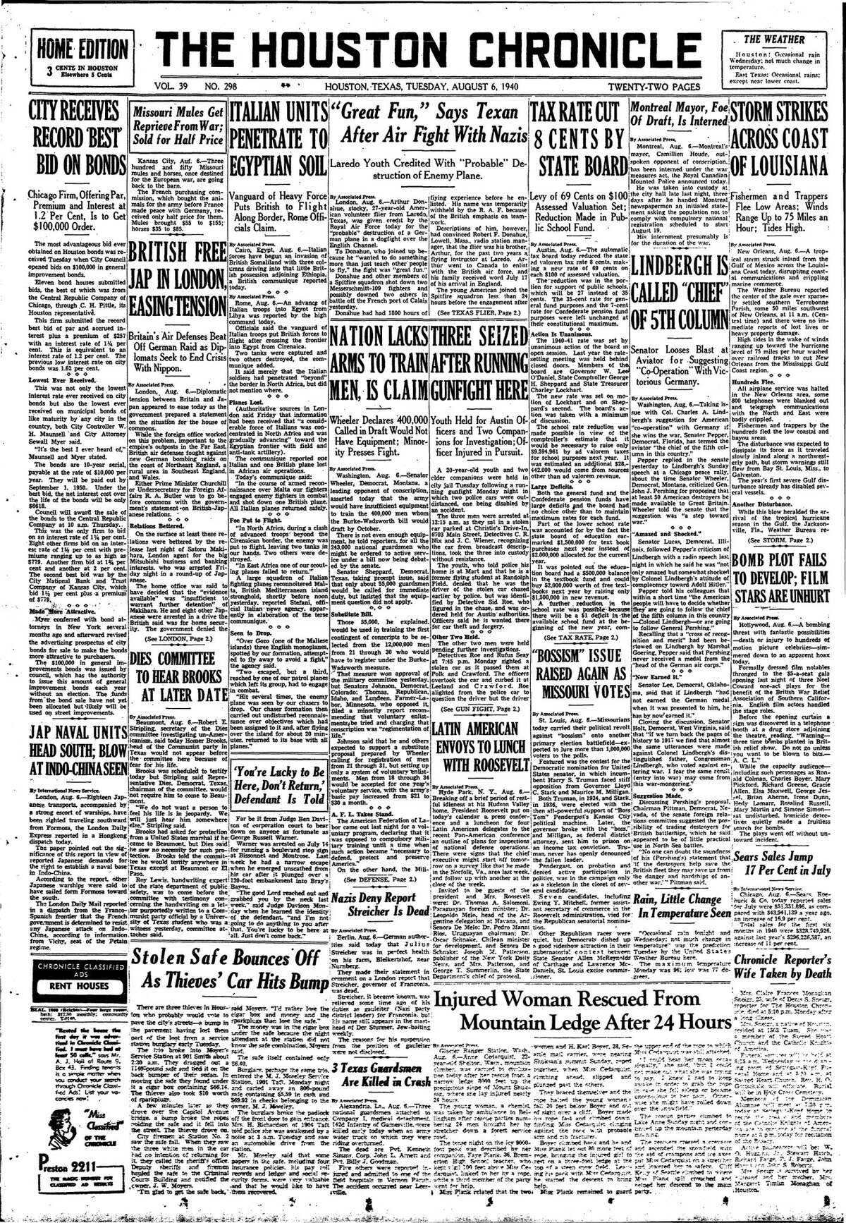 Houston Chronicle front page from Aug 6, 1940.