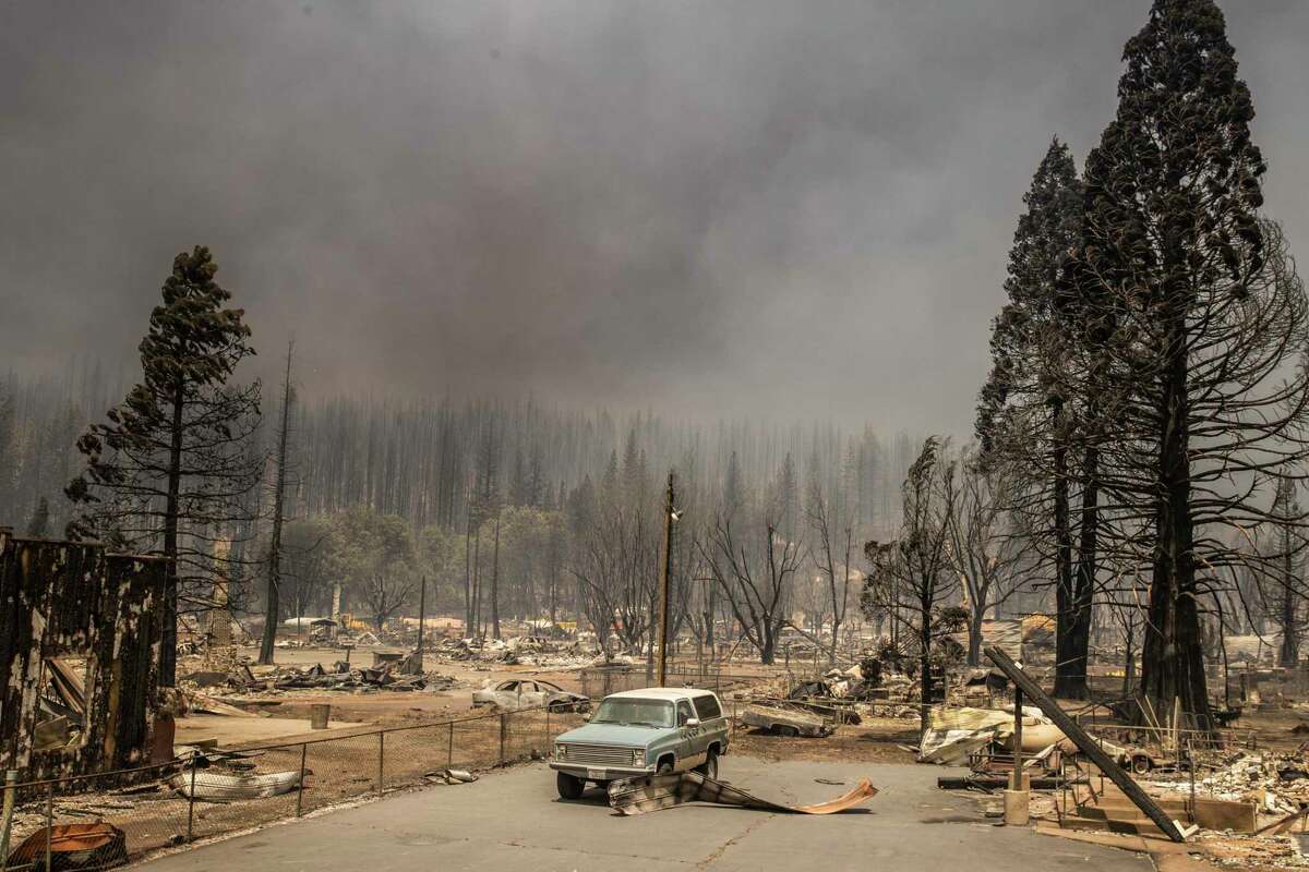 A general view of the town of Greenville destroyed by the Dixie Fire is seen in Greenville, California Thursday, Aug. 5, 2021.