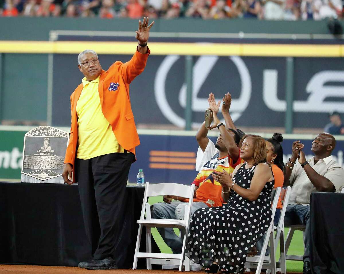 J.R. Richard during the Houston Astros inaugural Hall of Fame induction ceremony before the start of an MLB game at Minute Maid Park, Sunday, August 3, 2019.