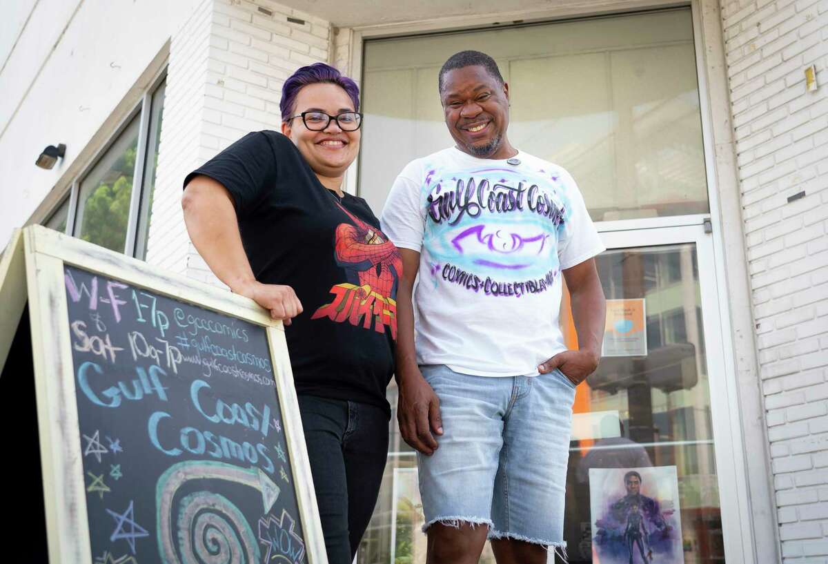 Co-owners Sharmane Fury and Byron Canady stand in front of the pop-up location of Gulfcoast Cosmos comic shop at the corner of Emancipation Boulevard and Elgin Street on Saturday, July 24, 2021, in Houston.