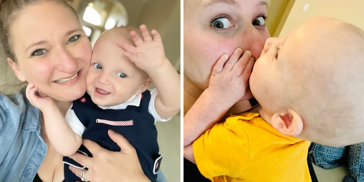 First-time mom, Kristy Callaway is pictured with her five-month old son Emmett who recently tested positive for COVID-19 after contracting the virus from a fully vaccinated family member. 