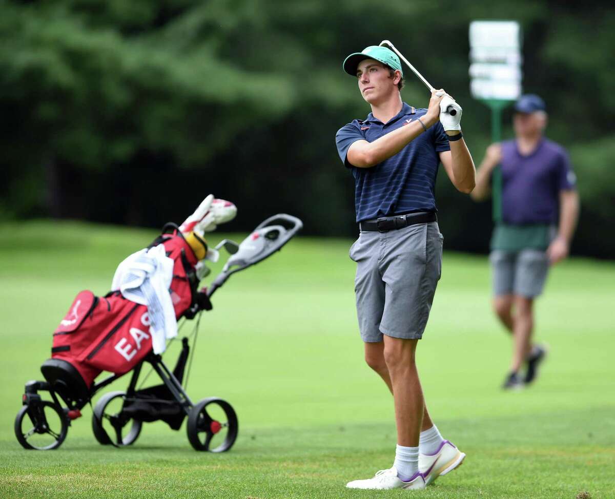 Benjamin James of Milford hits to the green on hole 5 in the final round of the Northern Junior Championship at the New Haven Country Club in Hamden on August 4, 2021.