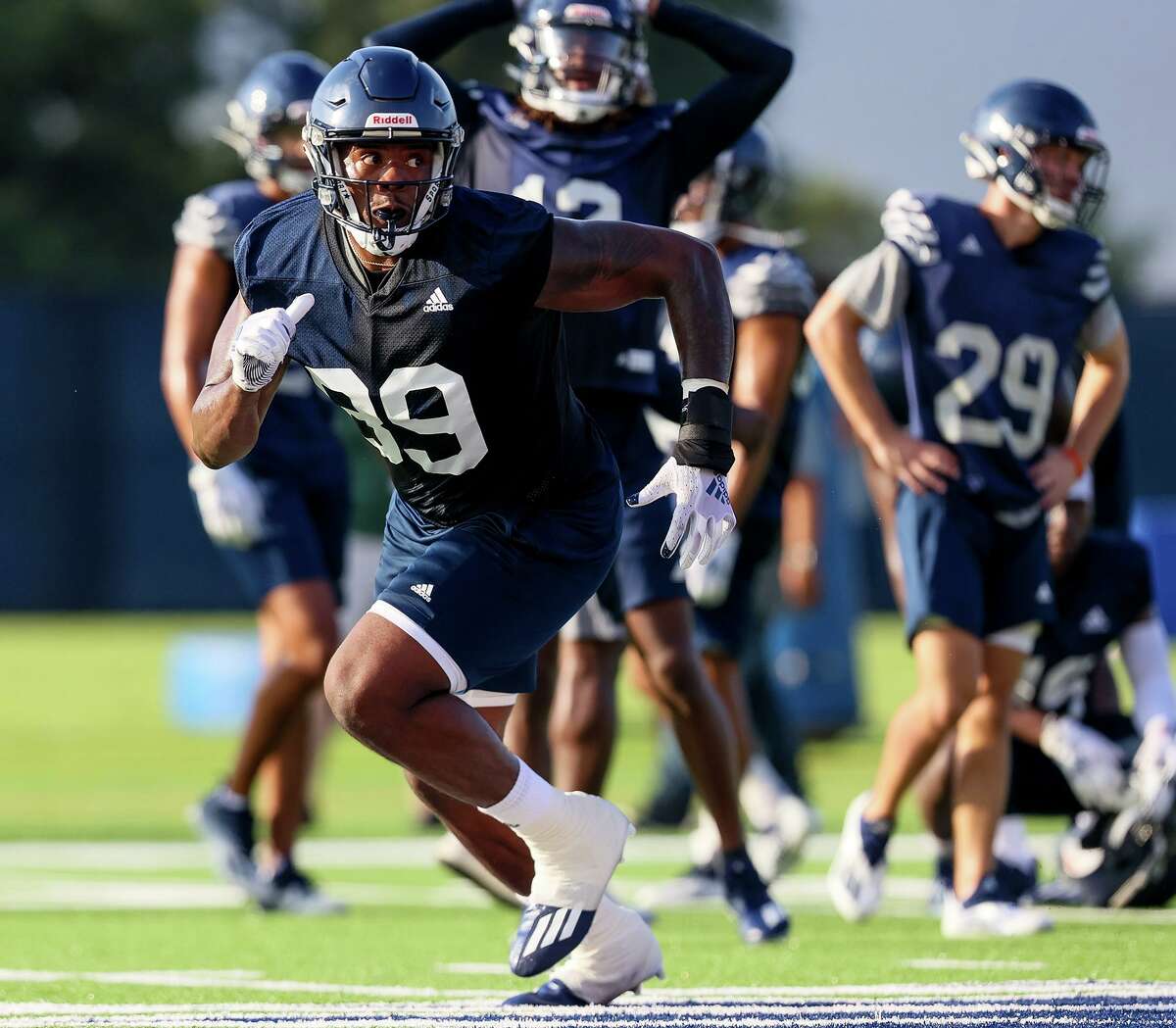 UTSA tight end Leroy Watson runs a route during passing drills in their first football practice of fall camp at the practice fields of the RACE facility on campus on Friday, Aug. 6, 2021.