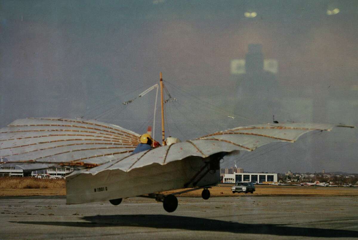 A photograph by Morgan Kaolian of Andy Kosch flying his Gustave Whitehead plane at Sikorsky Airport in Stratford in 1986