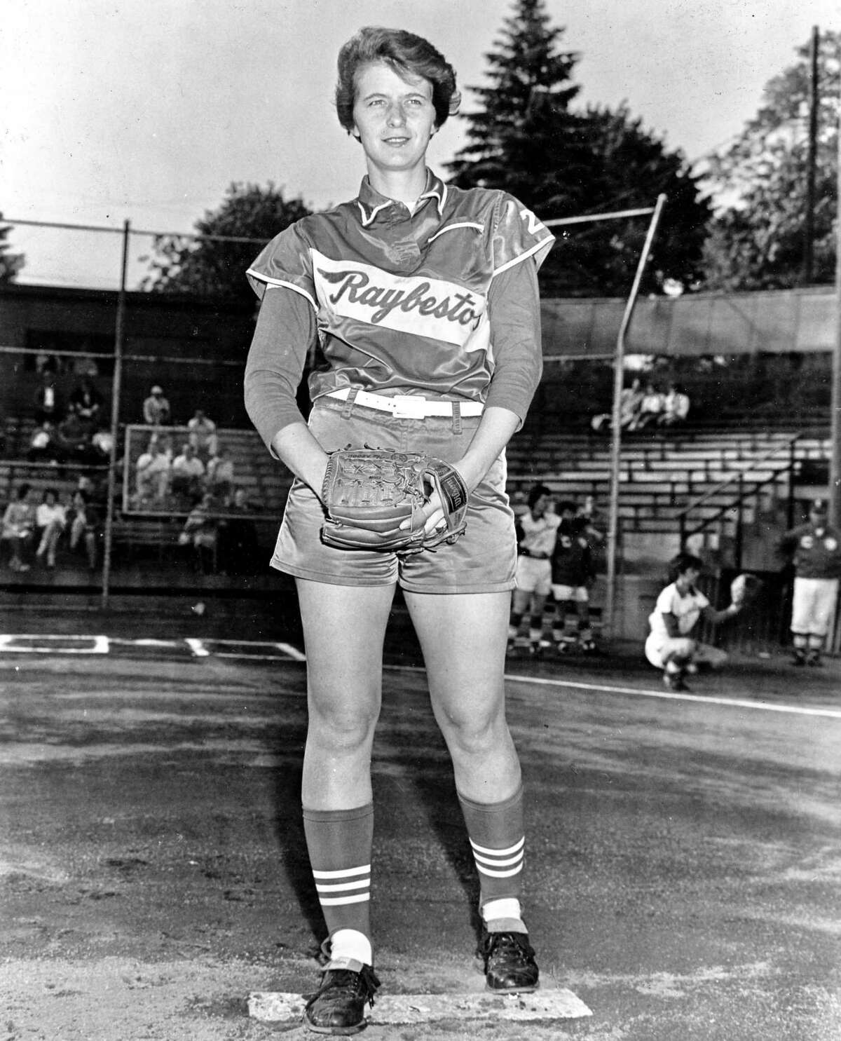 Joan Joyce as a young pitcher for the Raybestos Brakettes.