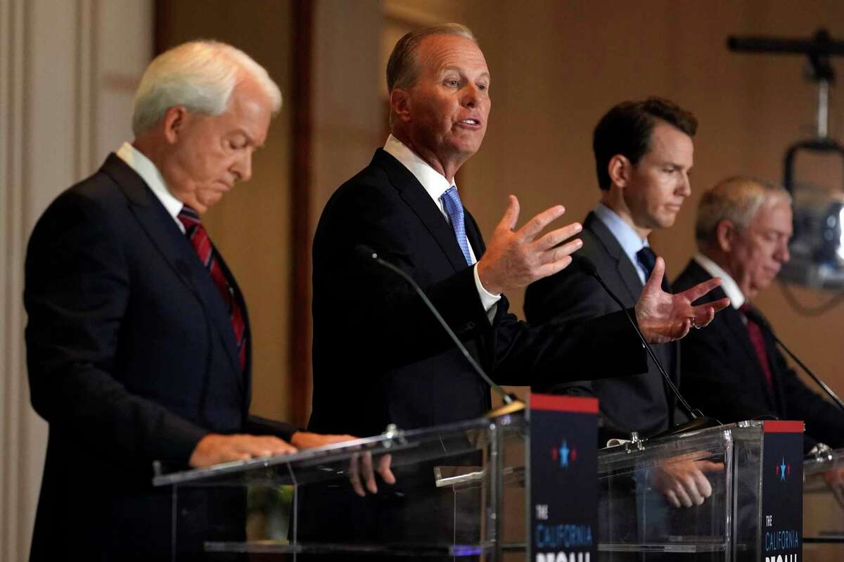 Republican gubernatorial candidates John Cox (left), Kevin Faulconer, Kevin Kiley and Doug Ose participate in a debate at the Richard Nixon Presidential Library on Wednesday in Yorba Linda. The state Republican Party opted not to endorse one of the party’s candidates in a strategic move to improve the chances of recalling Gov. Gavin Newsom in a special election next month.
