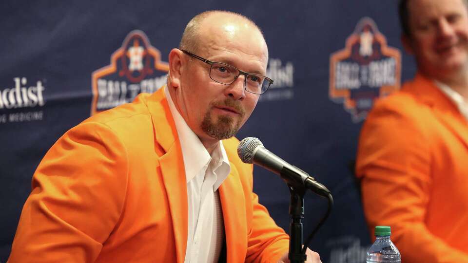 Former Astros pitcher Billy Wagner speaks during a press conference for this year's inductees into the Astros Hall of Fame before the start of an MLB baseball game at Minute Maid Park, Saturday, August 7, 2021, in Houston.
