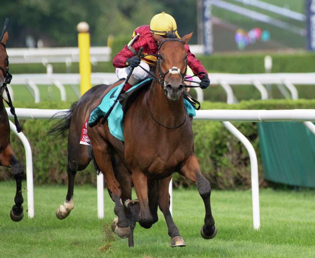 State of Rest, with jockey Johnny Velazquez, wins the 3rd running of the Saratoga Derby Invitational at Saratoga Race Course on Saturday, Aug. 7, 2021, in Saratoga Springs, N.Y.
