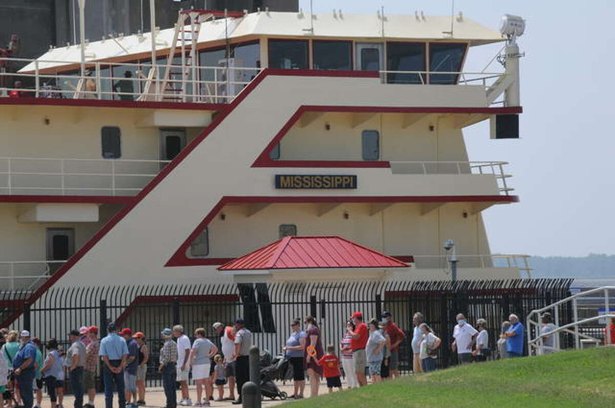 People queued up Saturday at the Melvin Price Locks and Dam to tour the MV Mississippi — the 241 feet long, 58 feet wide, 6,300 horsepower vessel that serves as a working towboat between Cairo, Illinois and New Orleans most of the time.