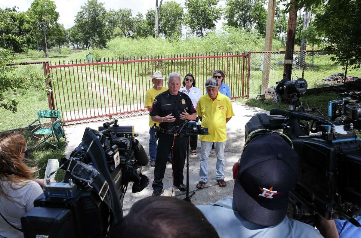 James Anderson, a sergeant with the Pasadena Police Department, speaks about the search for victims of serial killer Dean Corll during a press conference Sunday, Aug. 8, 2021, in the 4500 block of Silver Bell St. in Houston.