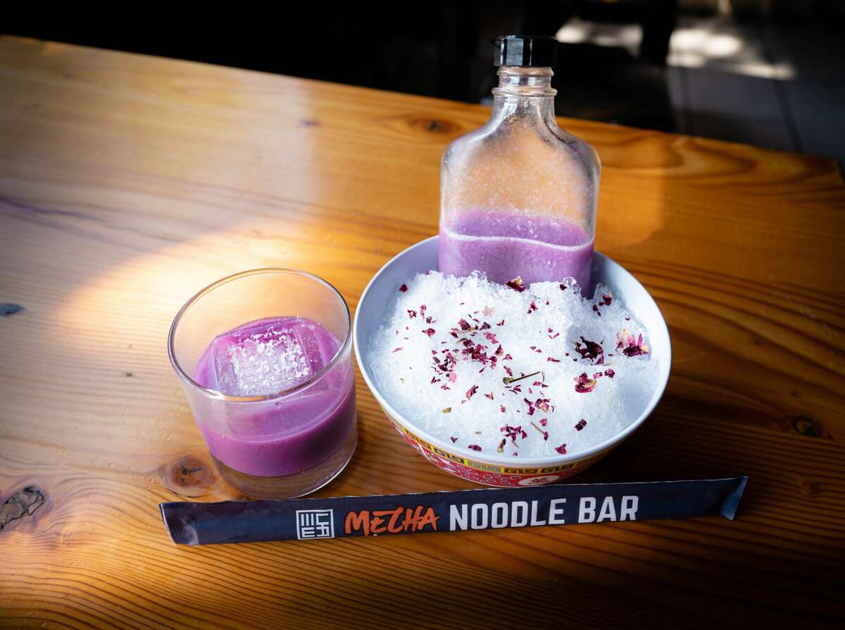 The Love Potion cocktail with shochu, aphrodisiac syrup, ube and lemon