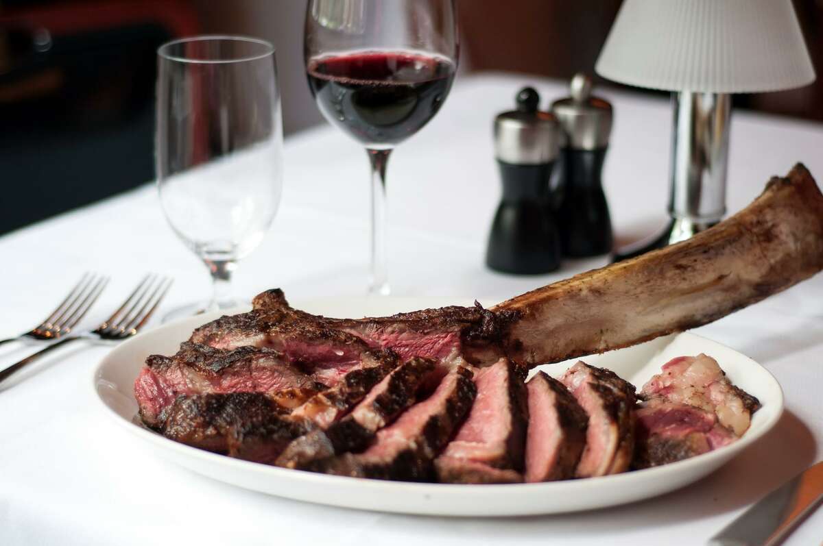 The 45-ounce dry-aged Prime tomahawk ribeye steak is one of the secret menu dishes at Pappas Bros. Steakhouse