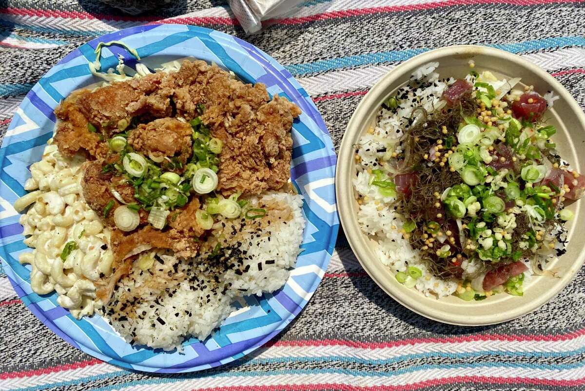 The fried mochiko chicken plate, left, and ahi poke from Diamond Head General Store in San Bruno.