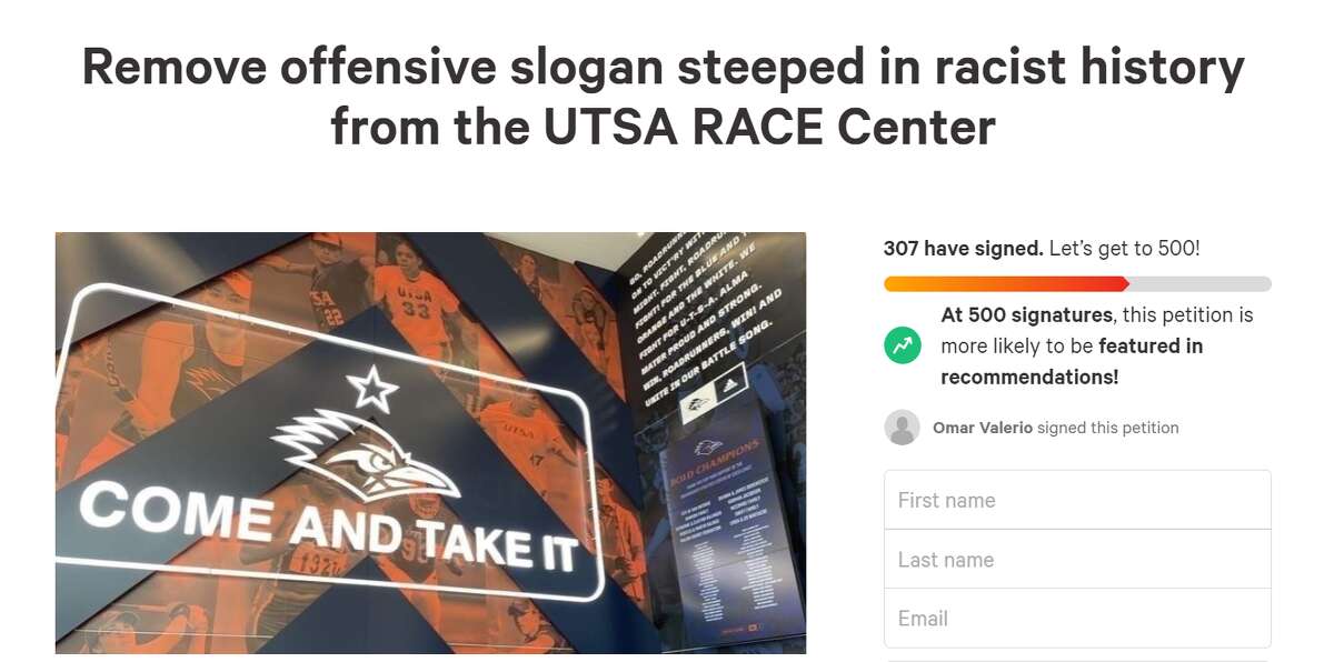 A screenshot of the petition calling for the "Come and Take It" sign (pictured) at UTSA's new athletic center. 