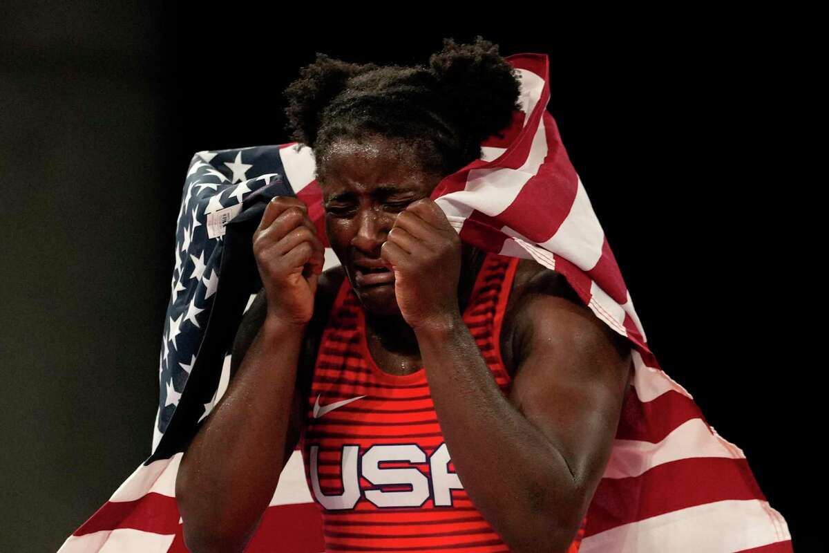 United States Tamyra Marianna Stock Mensah celebrates defeating Nigeria's Blessing Oborududu and winning the women's 68kg Freestyle wrestling final match at the 2020 Summer Olympics, Tuesday, Aug. 3, 2021, in Chiba, Japan.