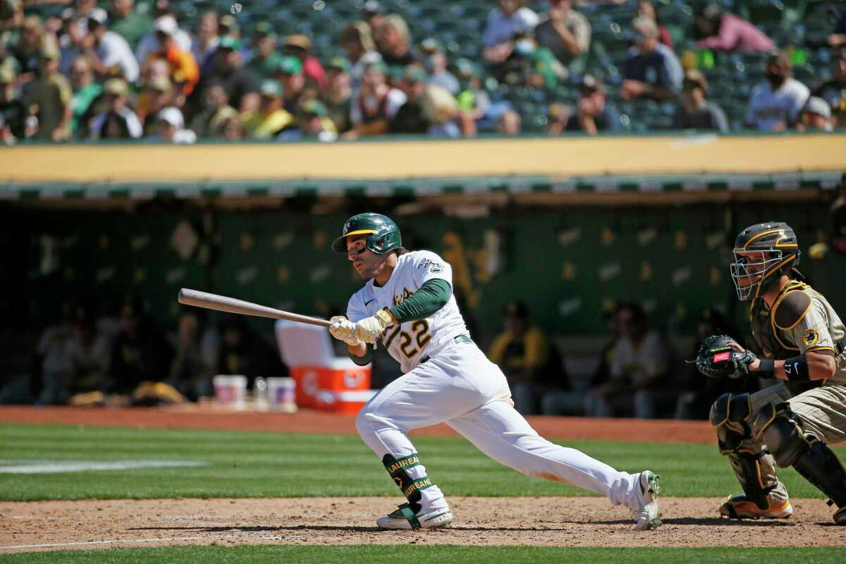 Oakland Athletics right fielder Ramon Laureano (22) in the ninth inning during an MLB game against the San Diego Padres at RingCentral Coliseum on Wednesday, Aug. 4, 2021, in Oakland, Calif.
