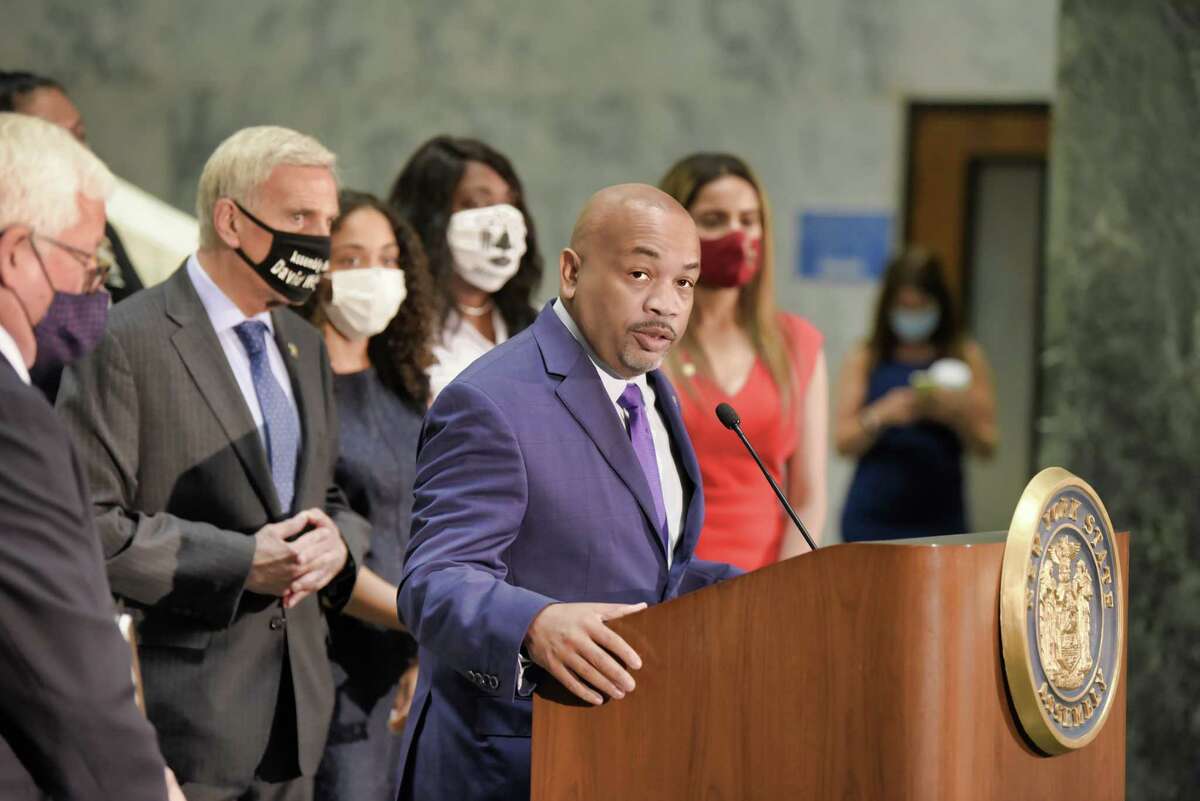 Assembly Speaker Carl Heastie speaks at a press conference following an Assembly Judiciary Committee meeting on Monday, Aug. 9, 2021, in Albany, N.Y. The committee is investigating Governor Andrew Cuomo.