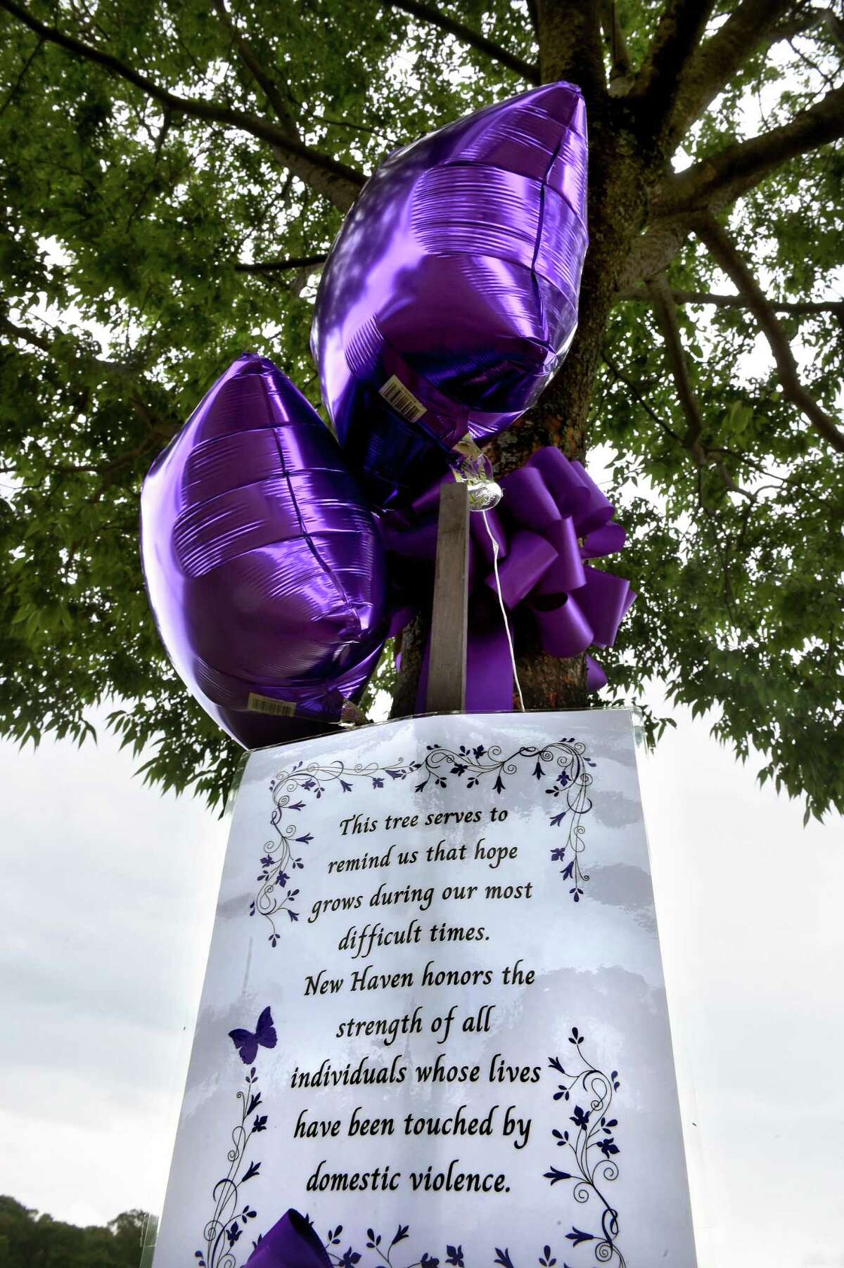 A tree was dedicated at an event, Hope Grows Here, to victims of domestic violence by the Hope Family Justice Center at the Quinnipiac River Park in New Haven on Aug. 9, 2021.