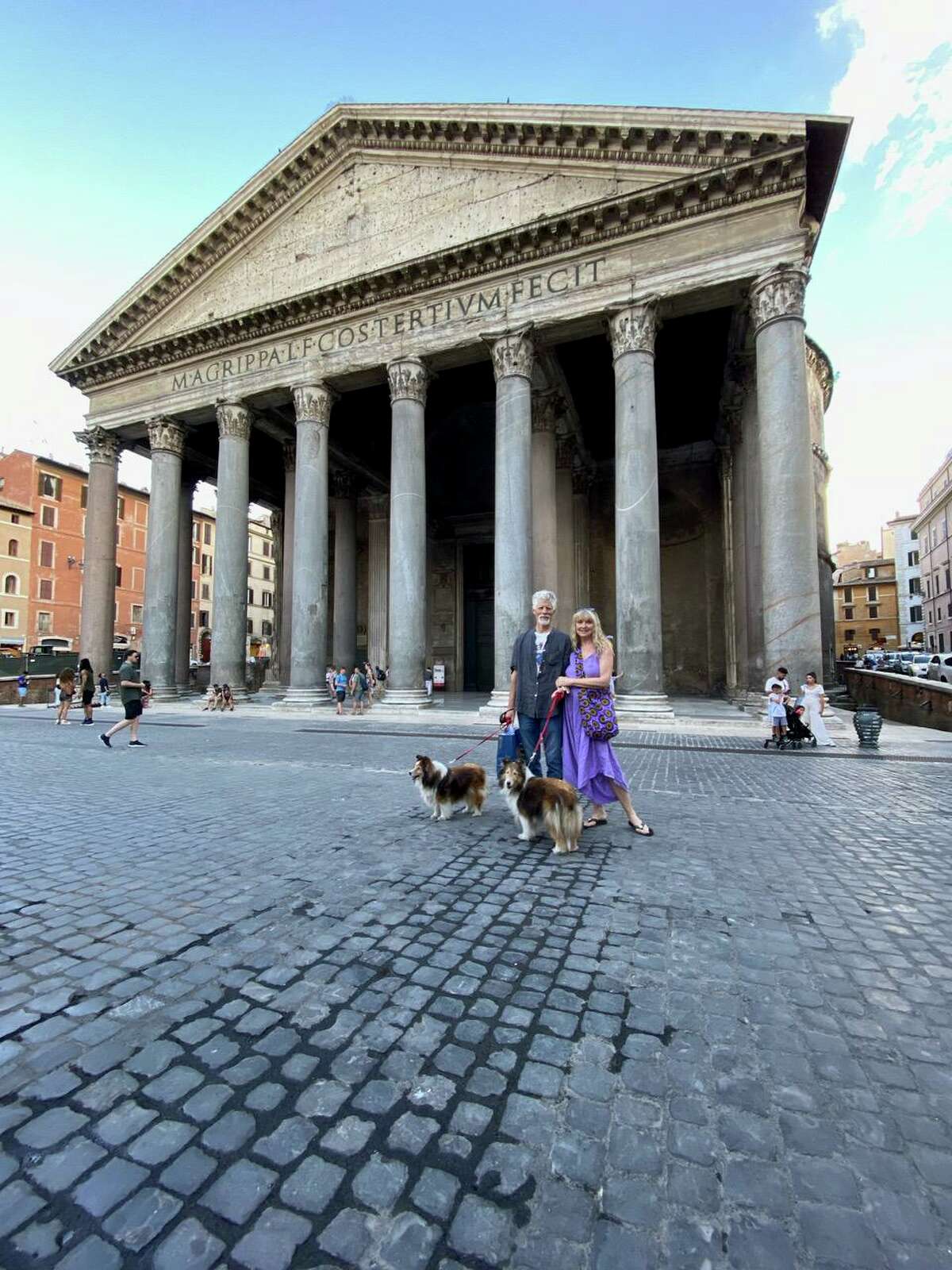 Connecticut Academy for the Arts in Torrington has received a grant to provide Italian studies to local students. The directors, John and Teresa Sullivan, traveled to Italy recently to visit the Centro Linguistico Italiano Dante Alighieri, in Rome. They are pictured with their dogs at the Pantheon.