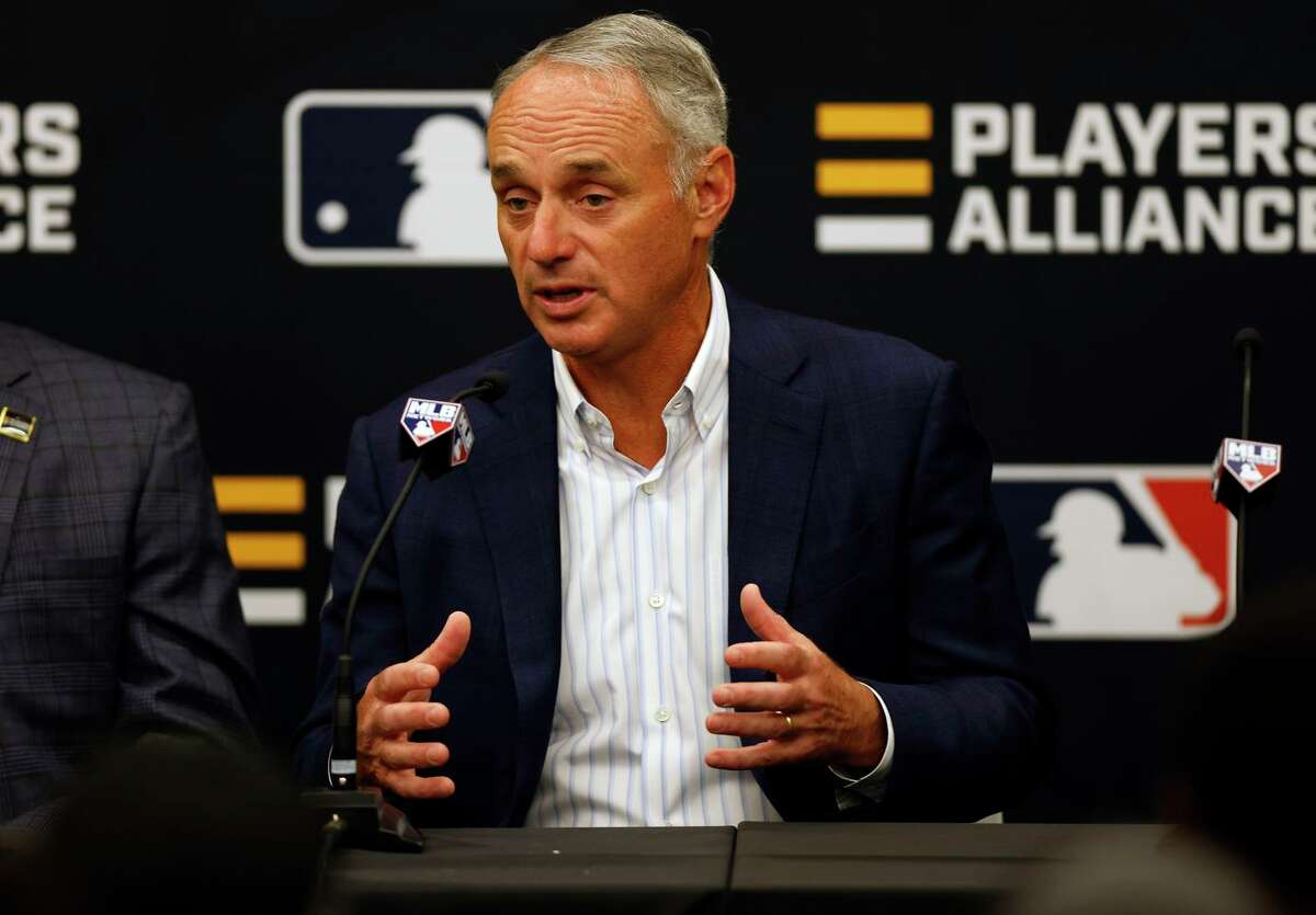 DENVER, COLORADO - JULY 12: Commissioner of Baseball Robert D. Manfred Jr. speaks during a press conference announcing a partnership with the Players Alliance during the Gatorade All-Star Workout Day at Coors Field on July 12, 2021 in Denver, Colorado. (Photo by Justin Edmonds/Getty Images)
