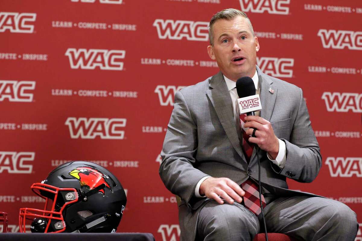 Lamar University head football coach Blane Morgan answers questions during a press conference at the WAC football media day Wednesday, Jul. 28, 2021, held at the Marriott Hotel in The Woodlands, TX.