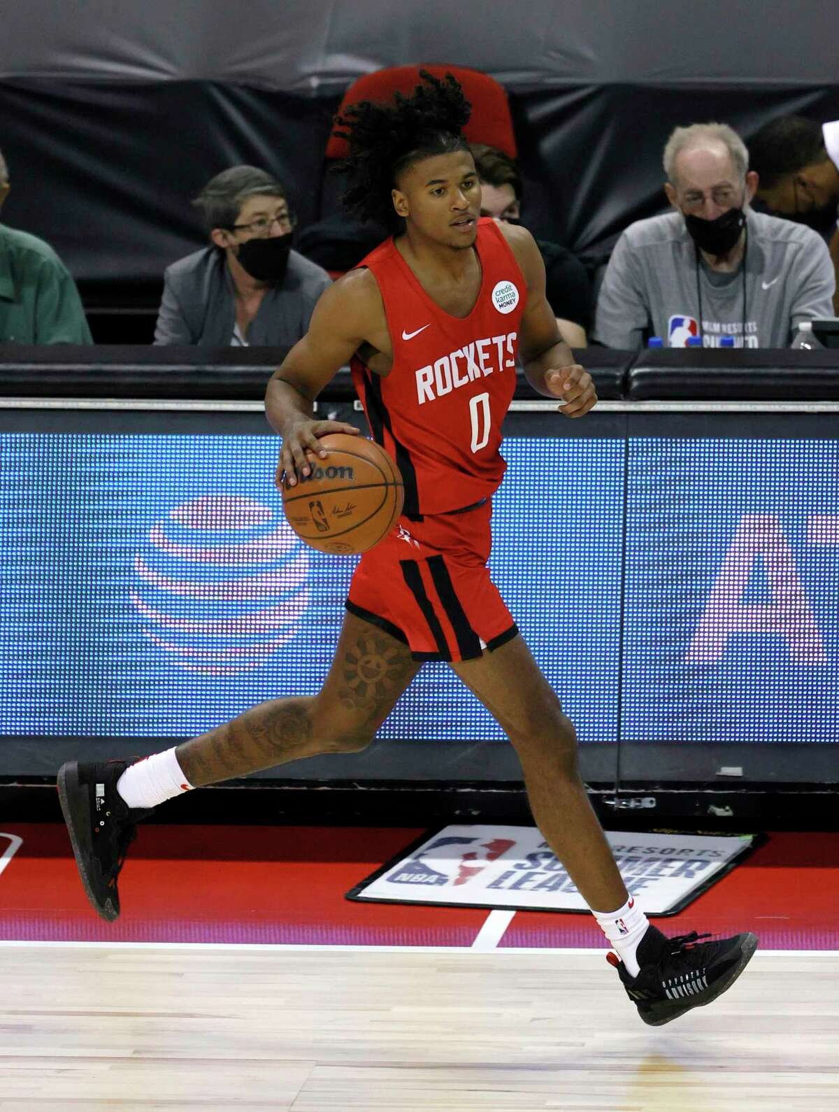 Jalen Green of the Houston Rockets dribbles the ball during the