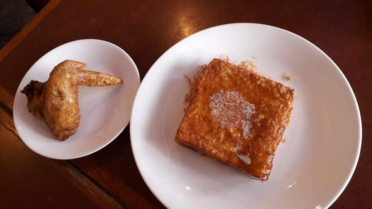 Unlikely partners: Hong Kong style French toast paired with a chicken wing.