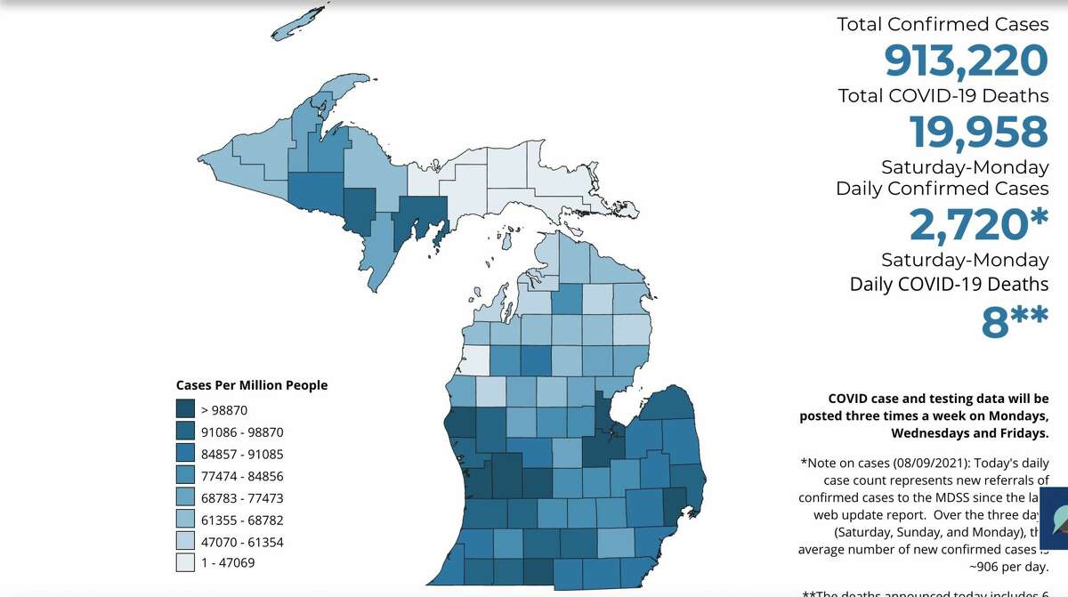 This is an image of the online map from the State of Michigan that shows the most recent data that healthcare experts across the state have compiled. Click here to access the map. 