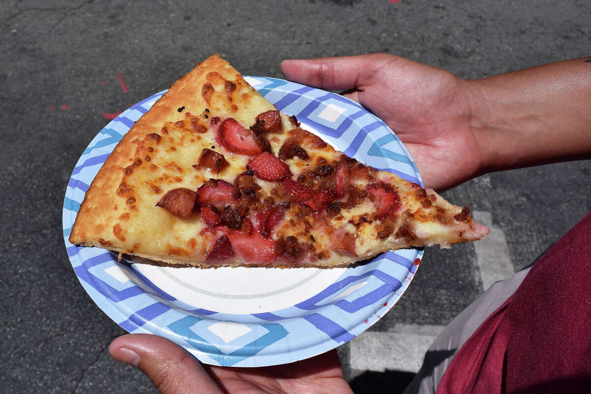 Strawberry pizza is a must-try at the Watsonville Strawberry Festival.