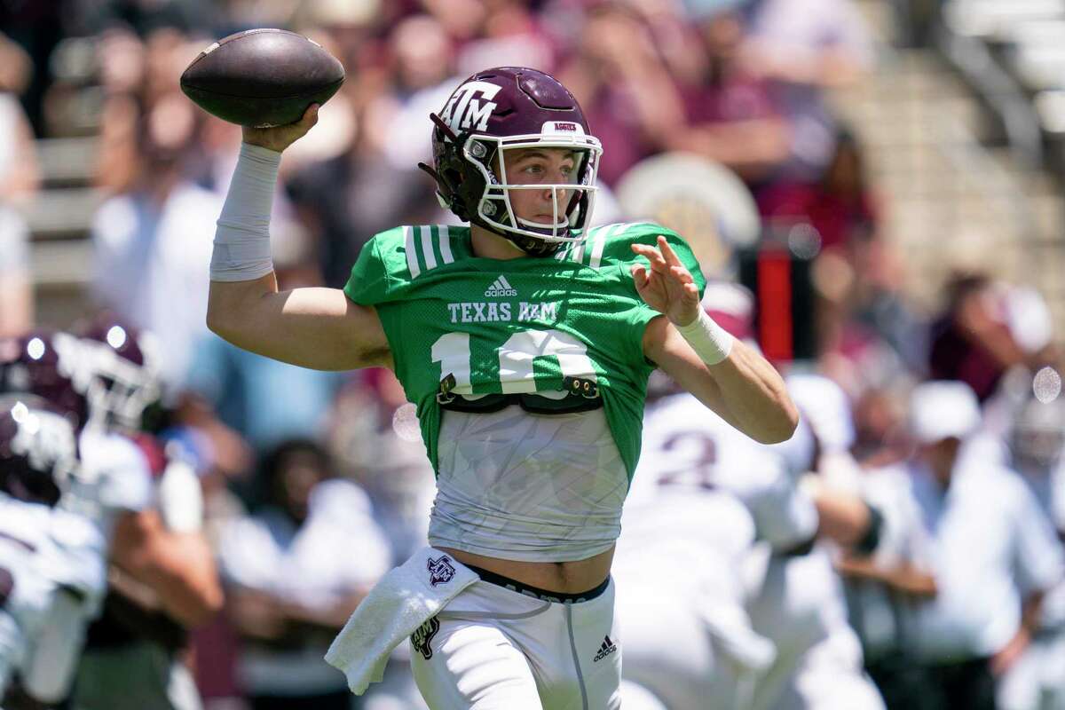 Texas A&M third-year sophomore Zach Calzada is described as “one of the best throwers of the ball that I’ve worked with” by Aggies offensive coordinator Darrell Dickey.