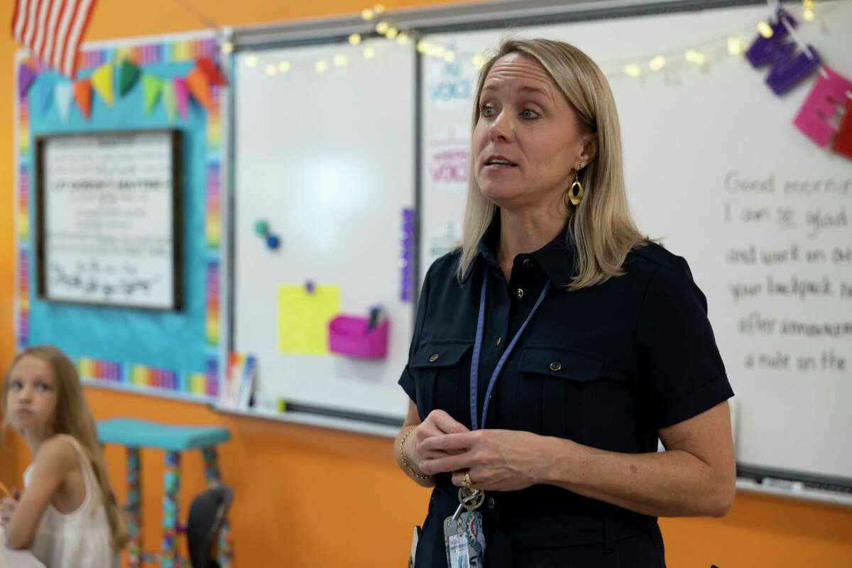 Kameron Wilder, principal of Eddie Ruth Lagway Elementary, speaks to a classroom during the first day of school at Eddie Ruth Lagway Elementary, Wednesday, Aug. 11, 2021, in Conroe. Wilder has worked in education for an estimated 24 years and has been with Willis for 22 of those years.