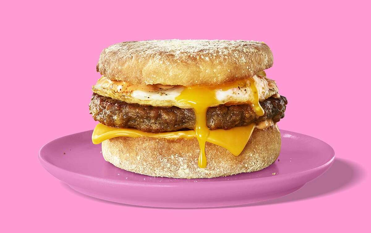 Impossible Sausage is served in a breakfast sandwich. The vegan pork product is coming to grocery stores for the first time.