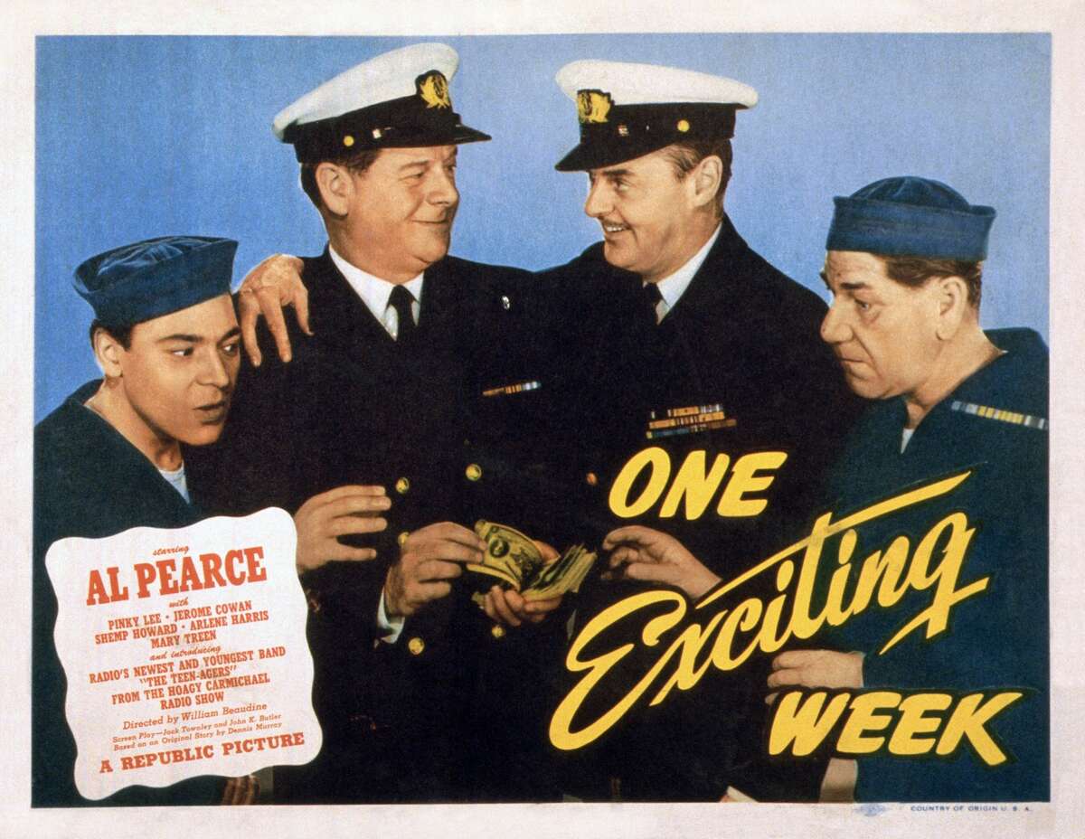 One Exciting Week, US lobbycard, left to right: Pinky Lee, Al Pearce, Jerome Cowan, Shemp Howard, 1946. (Photo by LMPC via Getty Images)