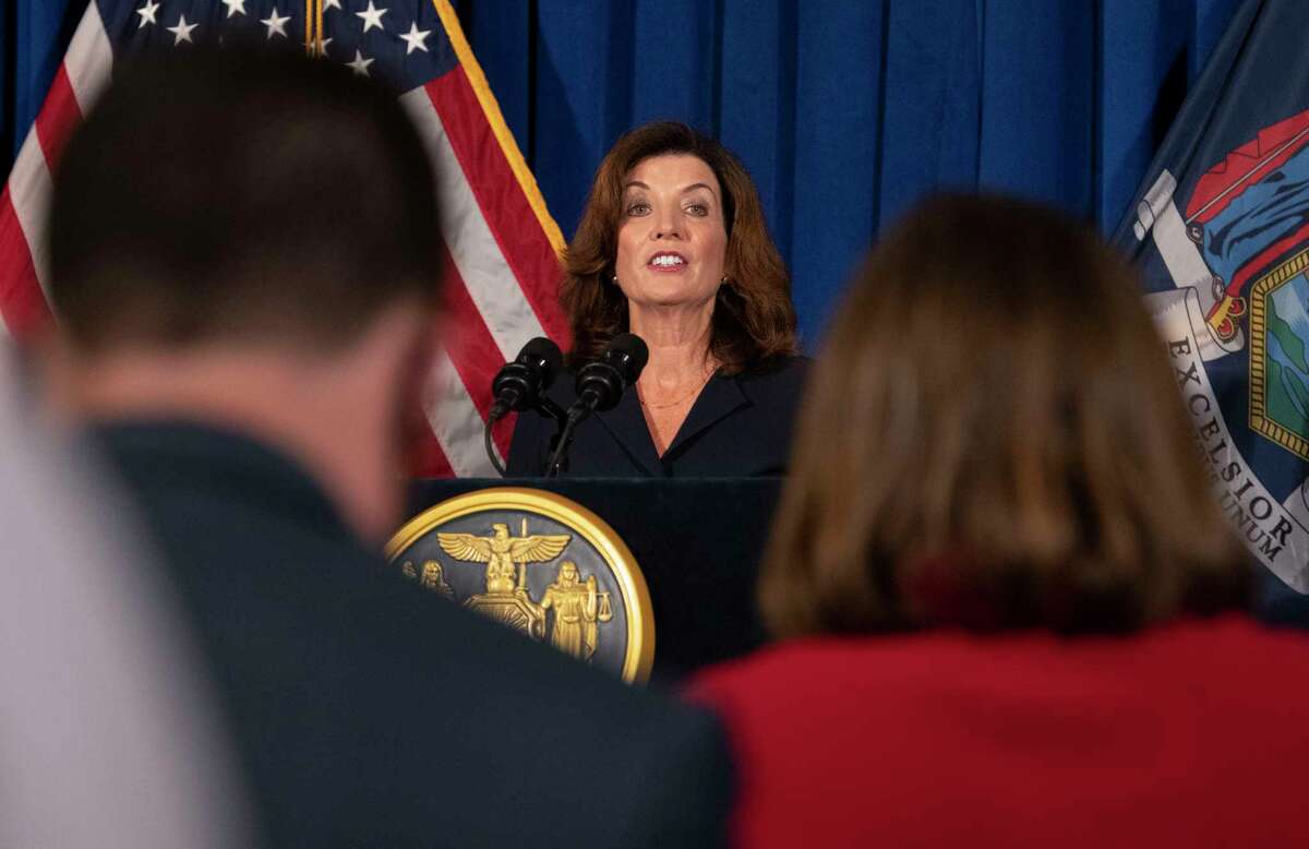 Lt. Governor Kathy Hochul addresses the people of New York during a press conference at the New York State Capitol on Wednesday, Aug. 11, 2021 in Albany, N.Y.