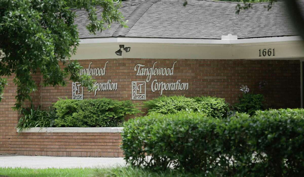 The Tanglewood Corporation building at the entrance of the Houston neighborhood on Tuesday, May 21, 2019. The Tanglewood residents are suing to keep a high-rise development out of their neighborhood.