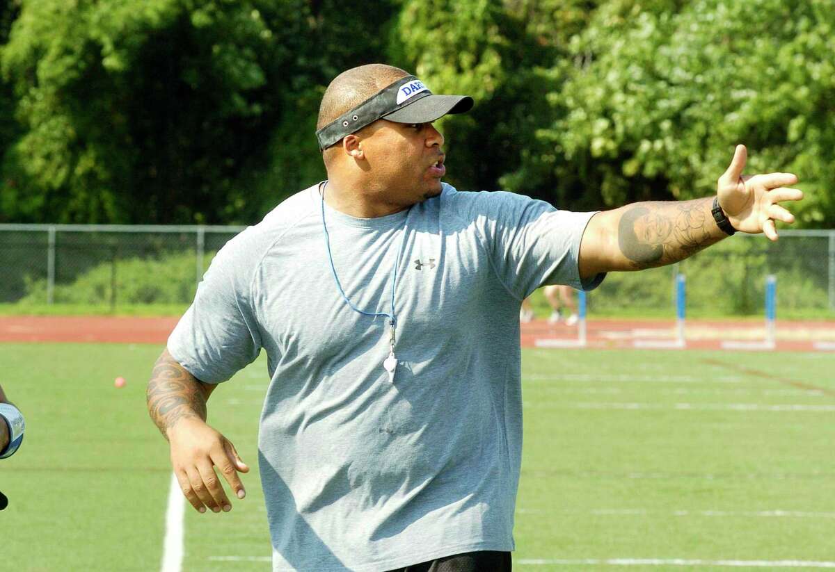 Coach Idris Price during Darien High School football practice in Darien in 2010. Price, who was part of championship teams at McMahon, including the 1994 team that went 12-0 and won FCIAC and CIAC Class MM championships, and is the program’s all-time rushing leader, will be Norwalk’s defensive coordinator. Price also won a Super Bowl with the Tampa Bay Bucaneers in 2003.
