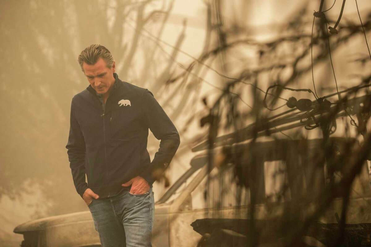 Gov. Gavin Newsom, the target of a recall drive, visits Greenville (Plumas County) as the Dixie Fire rages last weekend.