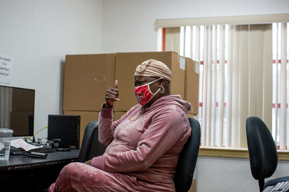Felisia Thibodeaux, executive director of the Southwest Community Corporation, gave a thumbs up during an interview at the IT Bookman Community Center in San Francisco, August 11, 2021.