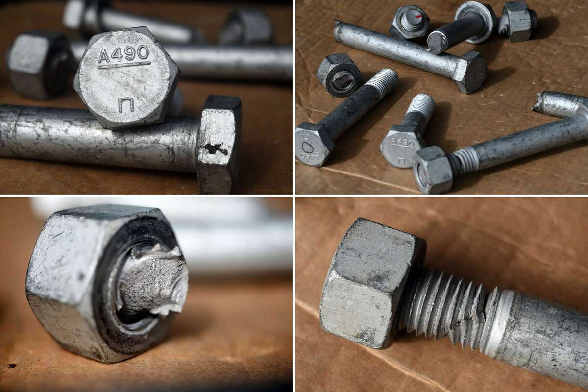 Faulty bolts used in the construction of the Gov Mario M. Cuomo Bridge during its assembly at Coeymans Port are on display Saturday, March 6, 2021 in Colonie, NY Some of the high tensile bolts would break under the first stage of tightening. Many were delivered to the job site with cracks already visible in the heads.