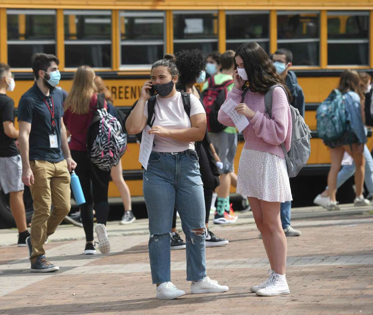 Students at Greenwich High School on the first day of classes last September. The district’s plans for the new school year, which begins Sept. 1, are not set yet but a meeting will be held Monday to update parents.