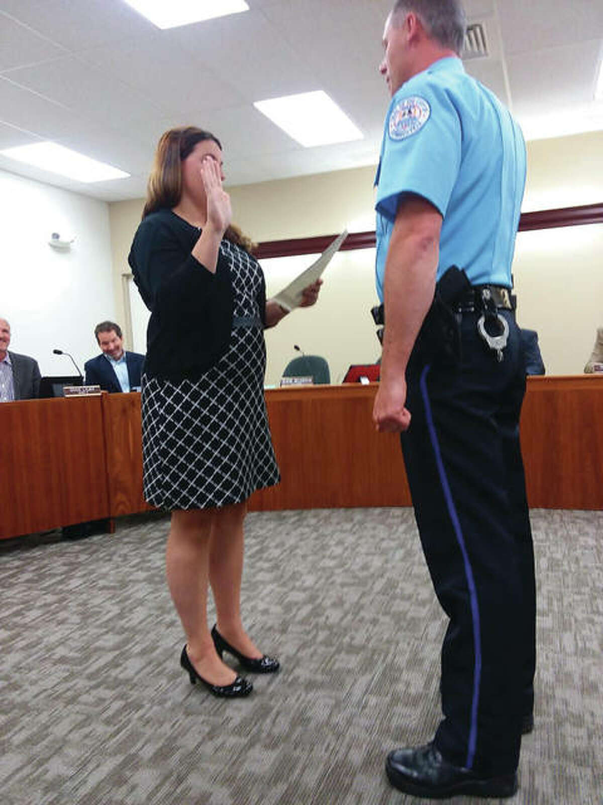 Edwardsville Police Department’s Lt. Michael Lybarger in 2018, when he was sworn in as a new lieutenant in city hall. As of this week, he was named as the city’s new deputy police chief.