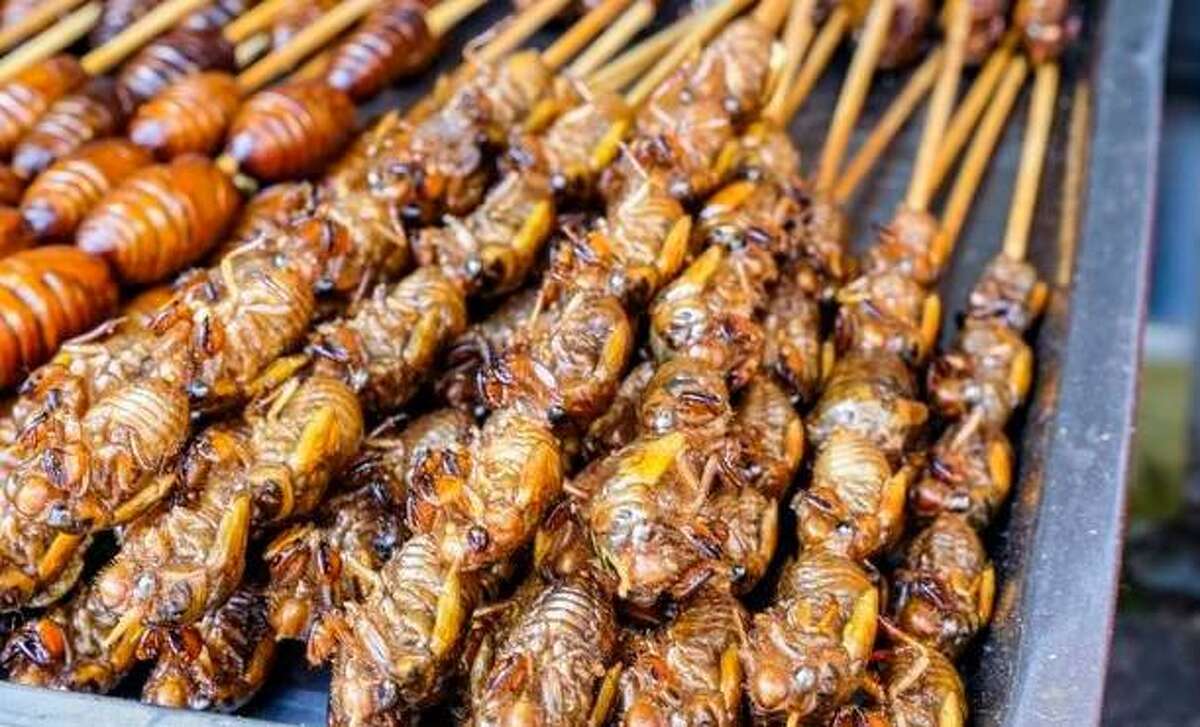 Deep-fried cicadas served on skewers at a market in China.