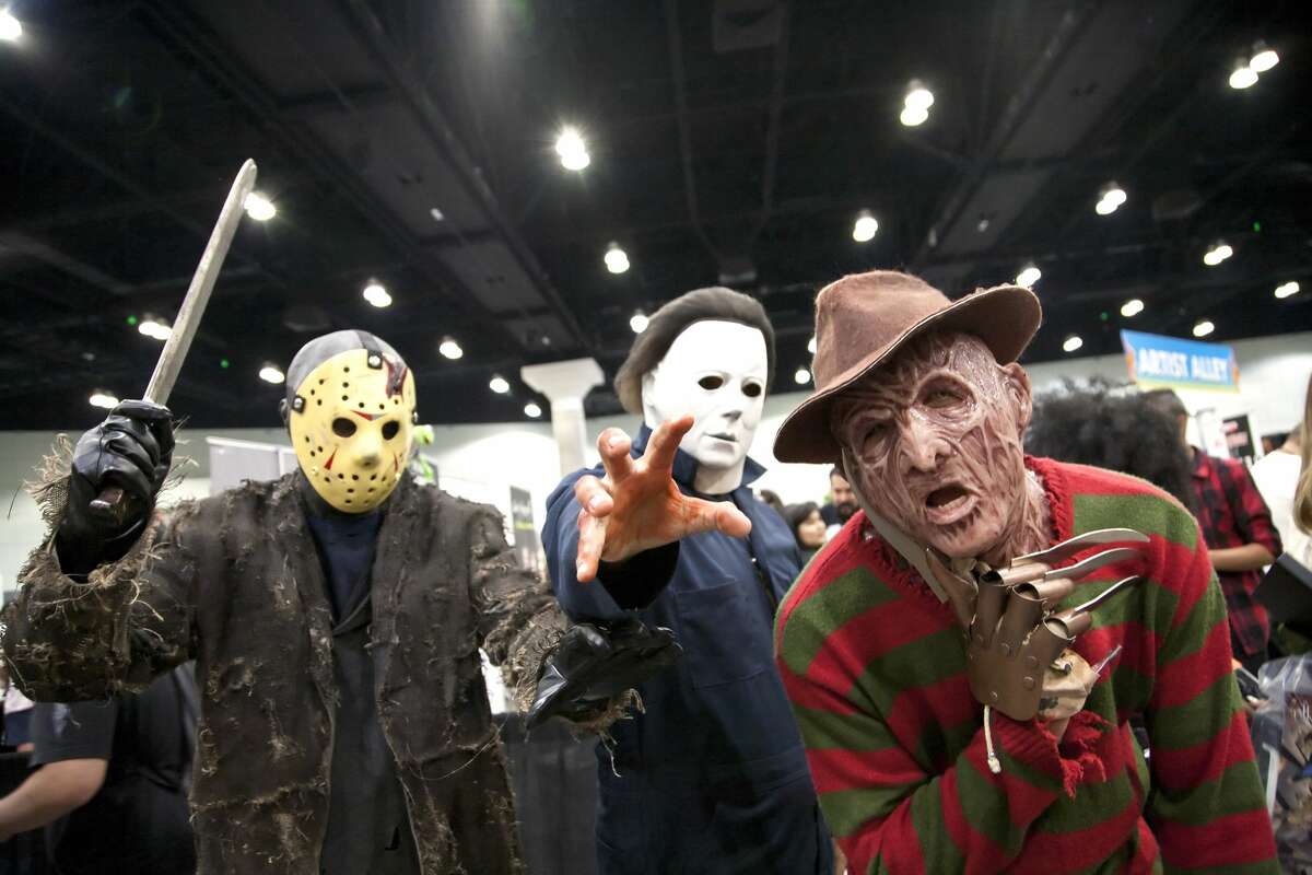 LOS ANGELES, CALIFORNIA - OCTOBER 12: Jason Voorhees, Michael Myers and Freddy Krueger cosplayers attend 2019 Los Angeles Comic Con at Los Angeles Convention Center on October 11, 2019 in Los Angeles, California. (Photo by Angela Papuga/Getty Images)