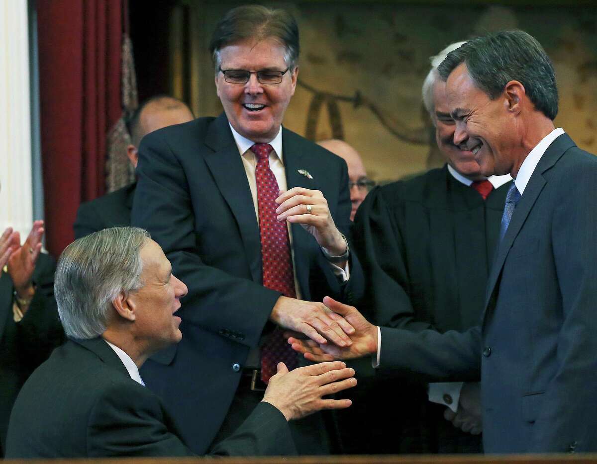 House Speaker Joe Straus, right, with Lt. Gov. Dan Patrick and Gov. Greg Abbott in 2015, happier days. For the same reasons Straus can’t win a statewide GOP primary, he could win a statewide general election.
