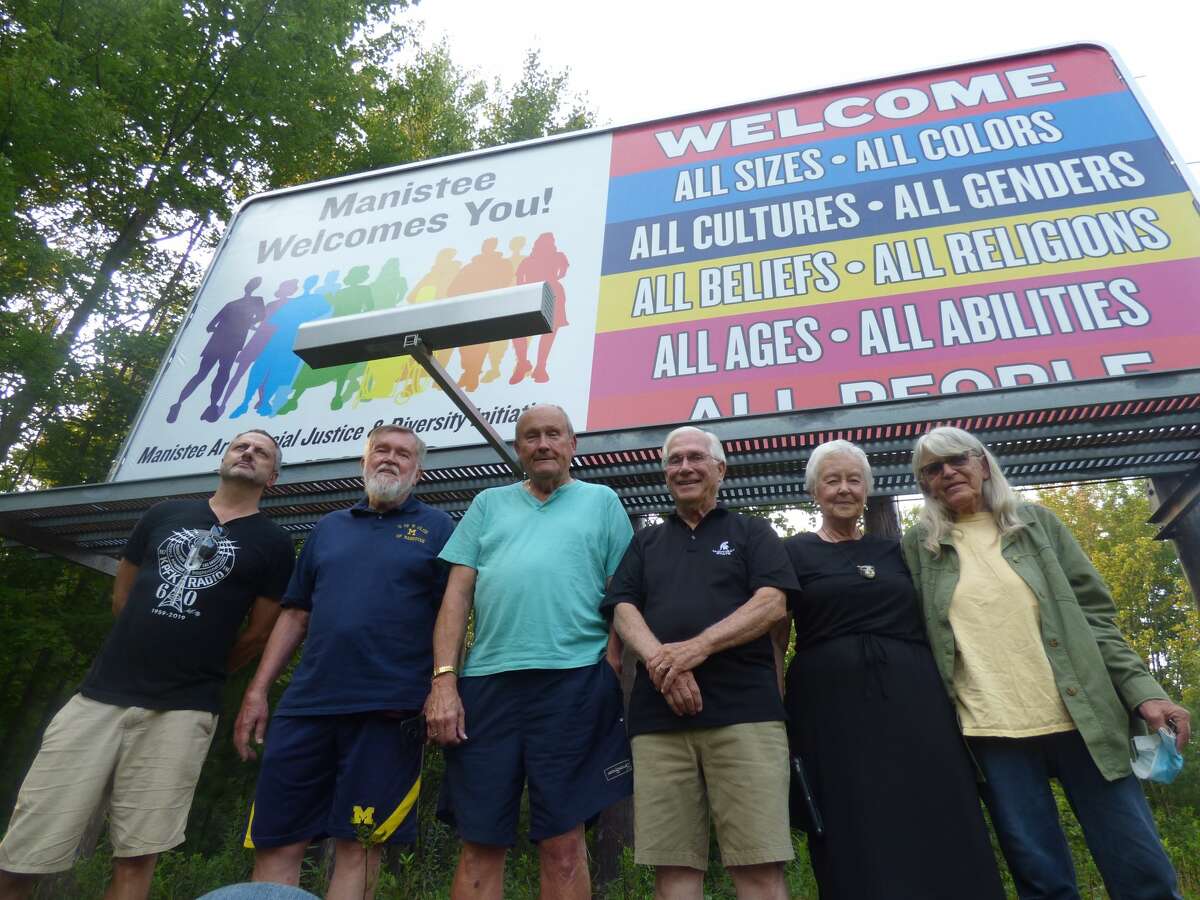 Members of the Manistee Area Racial Justice and Diversity Initiative sponsored this sign along U.S. 31, south of Manistee, which welcomes "all people" to the county.