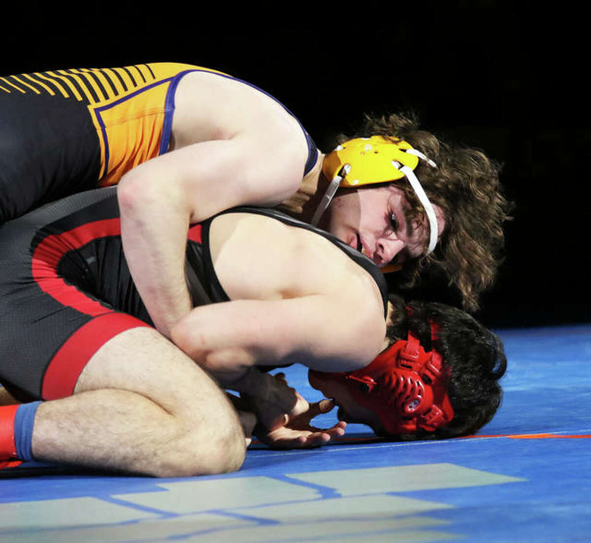 CM senior Vinny Zerban (top) works over Deerfield’s Ben Shvartsman in the 152-pound title match at the IWCOA Class 2A state meet on June 25 in Springfield. Zerban won by fall in 48 seconds to finish the season 28-0.