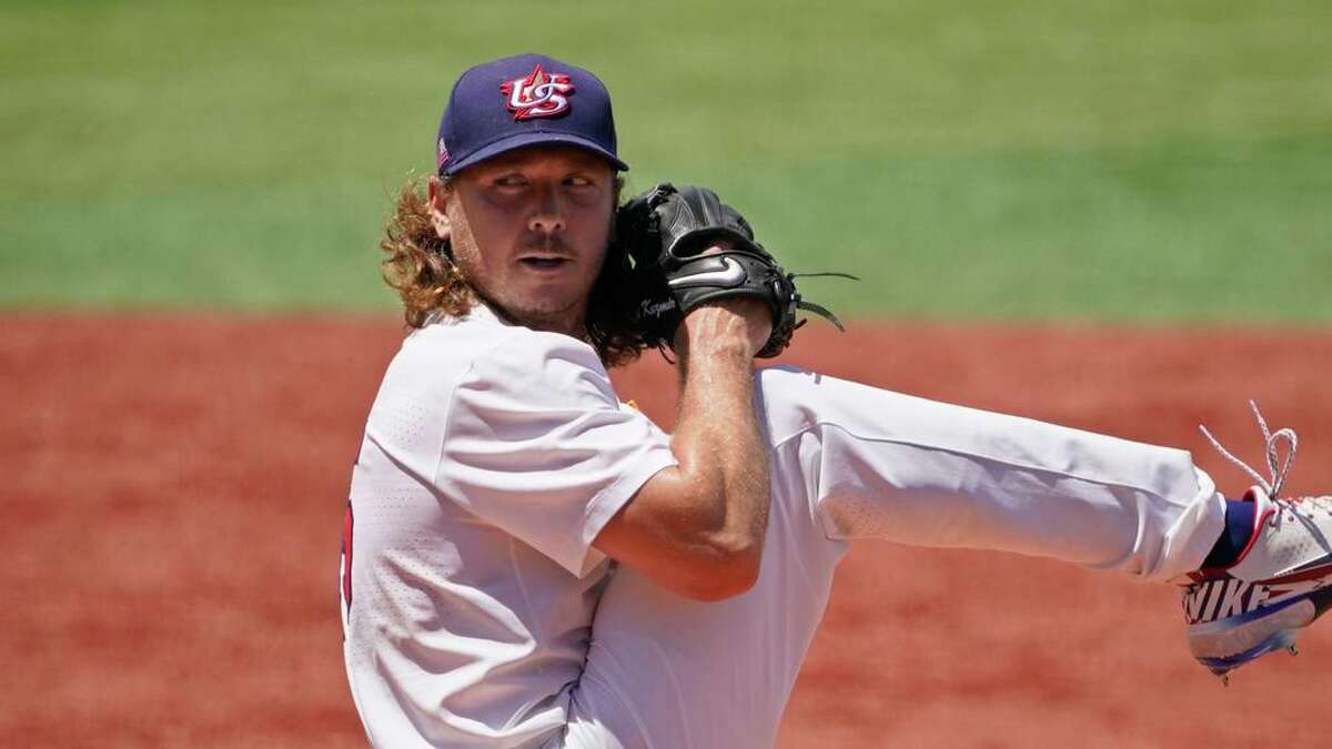 United States' Scott Kazmir pitches in the second inning of a baseball game against the Dominican Republic at the 2020 Summer Olympics, Wednesday, Aug. 4, 2021, in Yokohama, Japan. (AP Photo/Sue Ogrocki)