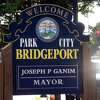 A welcome sign to the City of Bridgeport on Barnum Ave. at the Bridgeport and Stratford line, seen here from Stratford, Conn. Aug. 12, 2021.