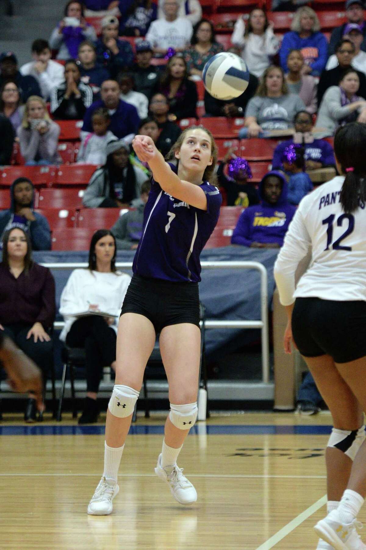 Sydney Jordan (7) of Ridge Point digs for a ball during the first set of the Region III-6A Final volleyball match between the Ridge Point Panthers and the Cy-Fair Bobcats on Saturday, November 16, 2019 at Wheeler Fieldhouse, Sugar Land, TX.