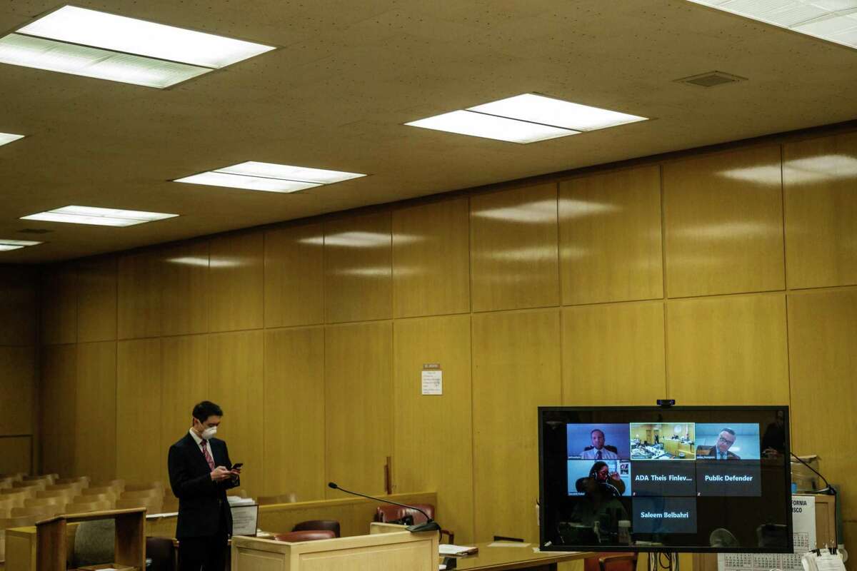Officers of the court appear remotely in courtroom of Judge Loretta Giorgi last year in San Francisco Superior Court.